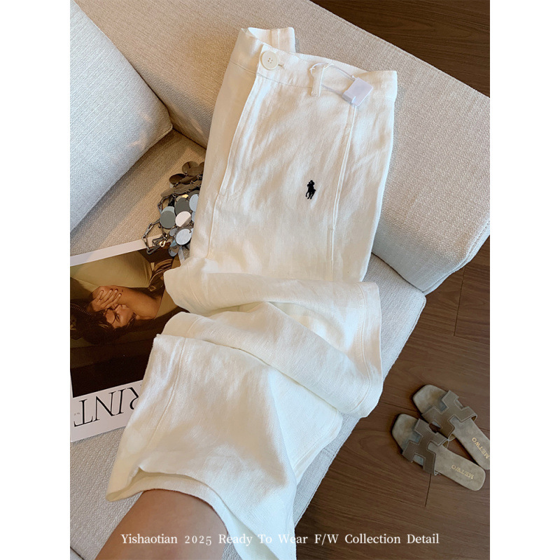 White Pony Logo Linen Straight Wide-Leg Pants for Women, Early Autumn New Loose Lazy Breathable Comfortable Versatile Casual Pants