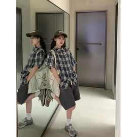跨境美式复古格子短袖衬衫套装秋季女大码女装秋防晒服女女装秋上