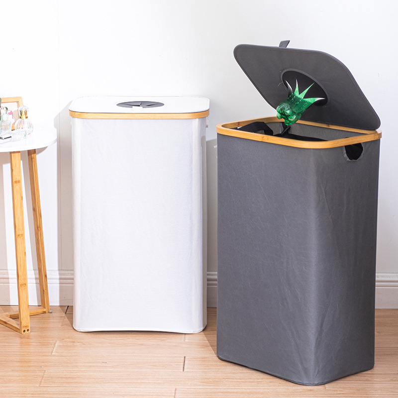 Bamboo Recycling Bottle Storage Basket with Lid, Removable Recycling Bottle Storage Basket, Home Folding Recycling Box