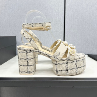 2025 spring and summer thick heel waterproof platform sandals for women woolen rhinestone pearl letters metal buckle small high heels for women