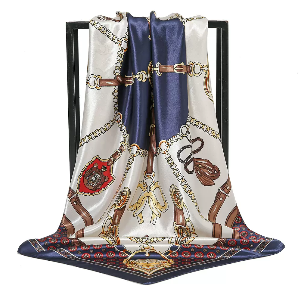 新款跨境欧美印花仿真丝90方巾时尚洋气百搭包头头巾领巾丝巾女士