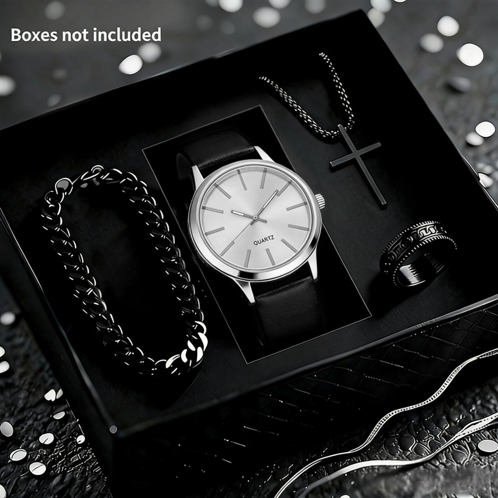 Men Quartz Watch Set 4 In 1 Business Wristwatch With Bracelet Necklace Ring Leather Strap Gift Box_voghion.com