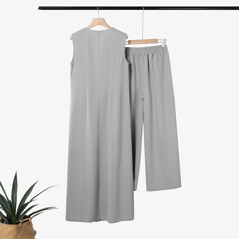 Women's Fashion Street Style Two Piece Set Sleeveless Long Top Wide Leg Pants Solid Color Summer_ecoleips.com
