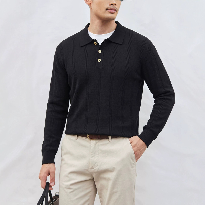 Men's cashmere long-sleeve T-shirt with polo collar, new autumn loose-fitting versatile top, casual men's sweater