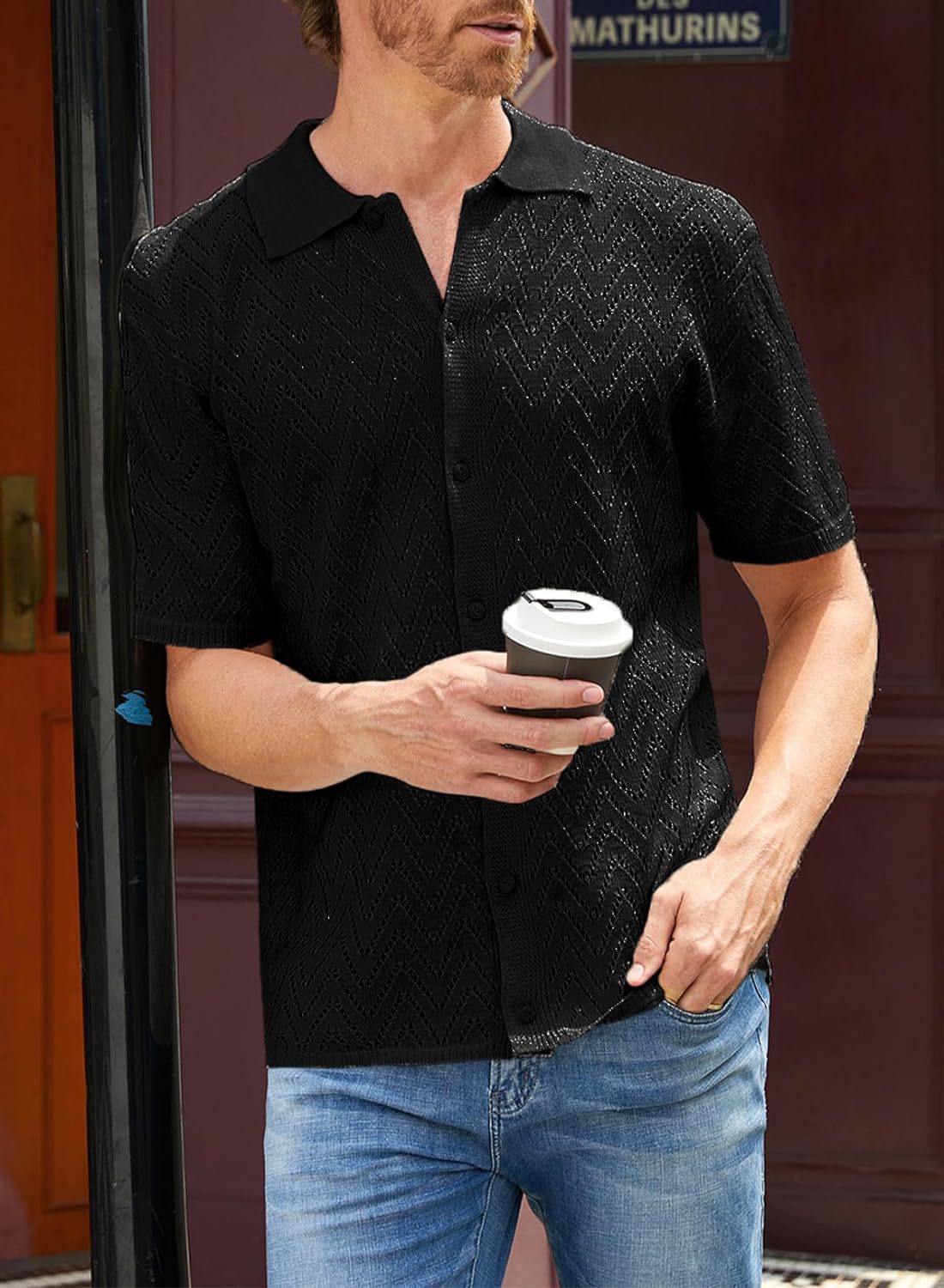 Summer New European And American Casual Knitted Short-sleeve Shirt, Cardigan, Solid Color Hollow Top Men's Clothing_voghion.com