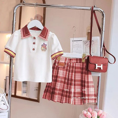 Girls' JK School Style Pleated Skirt Set Summer 2024 New Children's Clothing Cute Little Girl Checkered Two-Piece Set