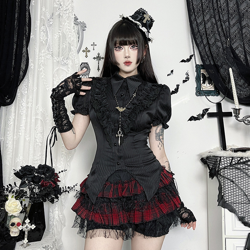 CF25109暗黒ゴシック風格子蜘蛛網カボチャスカート2025新型精緻感m * iu系半身スカート|undefined