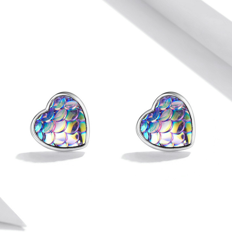 Heart Shape, Fish Scales Pattern Earrings + Necklace 925 Sterling Silver Resin Heart Shape Fish Scales Earrings Necklace
