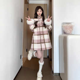 韩系甜美高级感粉色格子毛呢大衣蝴蝶结呢子外套女冬季小个子套装