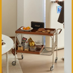 Simple Movable Tea Trolley Solid Wood Coffee Table Sofa Side Table Dining Cabinet Living Room Sideboard Dining Cart Storage Rack