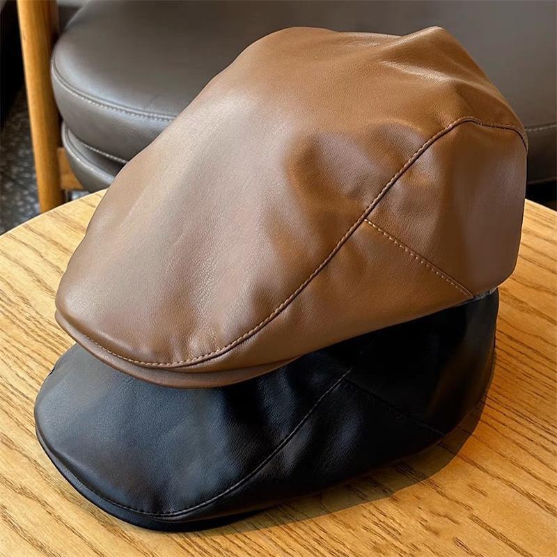 Pu Leather Newsboy Cap for Women, Vintage Coffee Color, Solid Color Versatile Baseball Cap, Detective Hat for Men Pu Leather Newsboy Cap for Women, Vintage Coffee Color, Solid Color Versatile Baseball Cap, Detective Hat for Men
