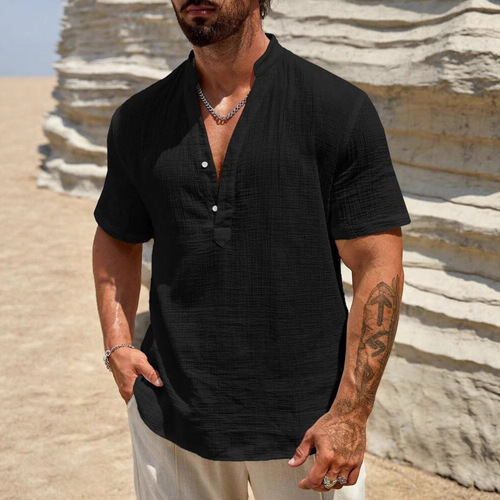 Men's European and American Cross-border Single-layer Plain Color Breathable Stand Collar Short-sleeve Shirt 2025 Fashion Simple Plain Collared Shirt