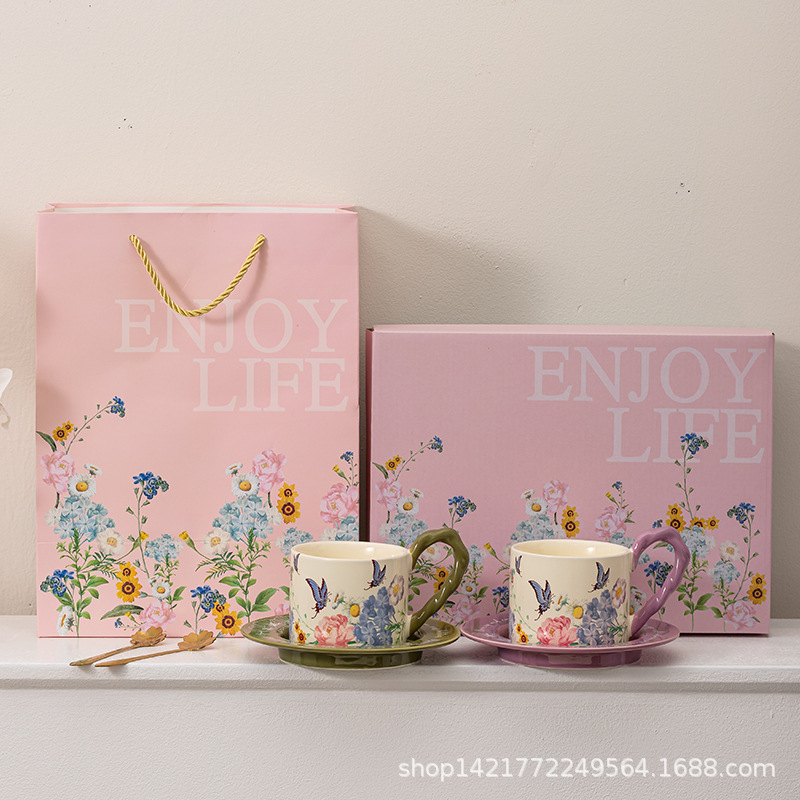 レトロ油絵コーヒーカップ皿セット陶磁器マグカップ小衆カップルカップ蝶コーヒーカップ皿ギフトボックス|undefined