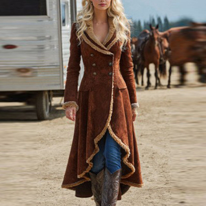 2025跨境欧美牛仔女式西部复古风衣毛绒秋冬时尚保暖外套拼接长款