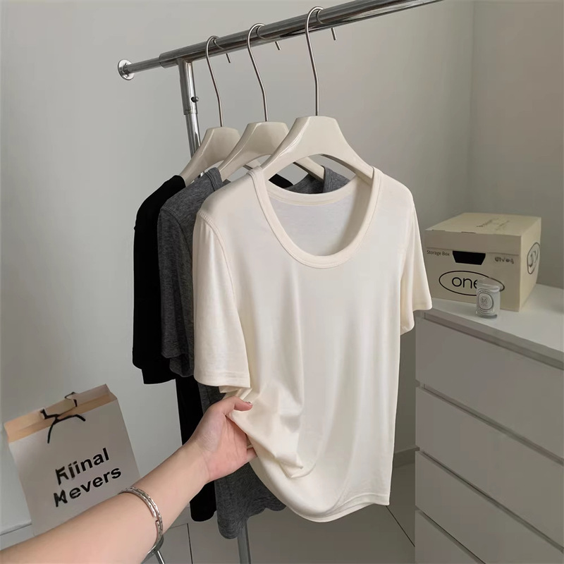 Tencel Wool U-Neck T-Shirt Women's Lightweight Draped Lazy Slimming Solid Color Shoulder Short-Sleeved 2025 Spring/Summer New
