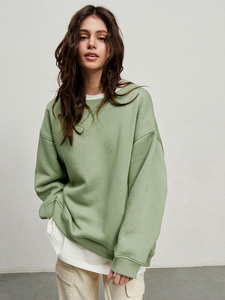 Áo sweatshirt nữ cổ tròn dáng rộng oversize tay dài chất liệu nỉ lông — Hoa màu xám, Màu cà phê, Màu trắng, Xanh navy chi tiết 42