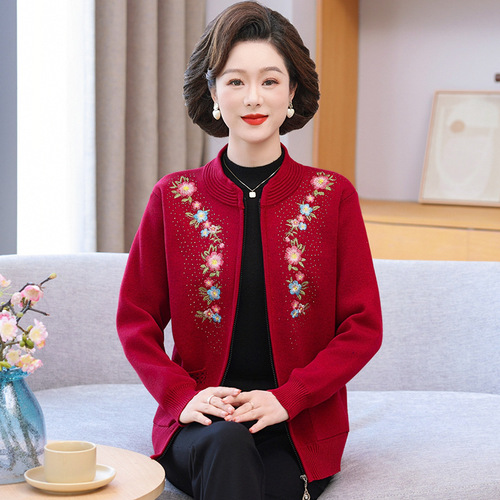 Winter and Autumn Outwear for Middle-Aged and Elderly Women, Cashmere Sweater Set with Additional Thickenings, Knitted Cardigan for Grandmother and Mother, Warm Clothing for Elderly Women