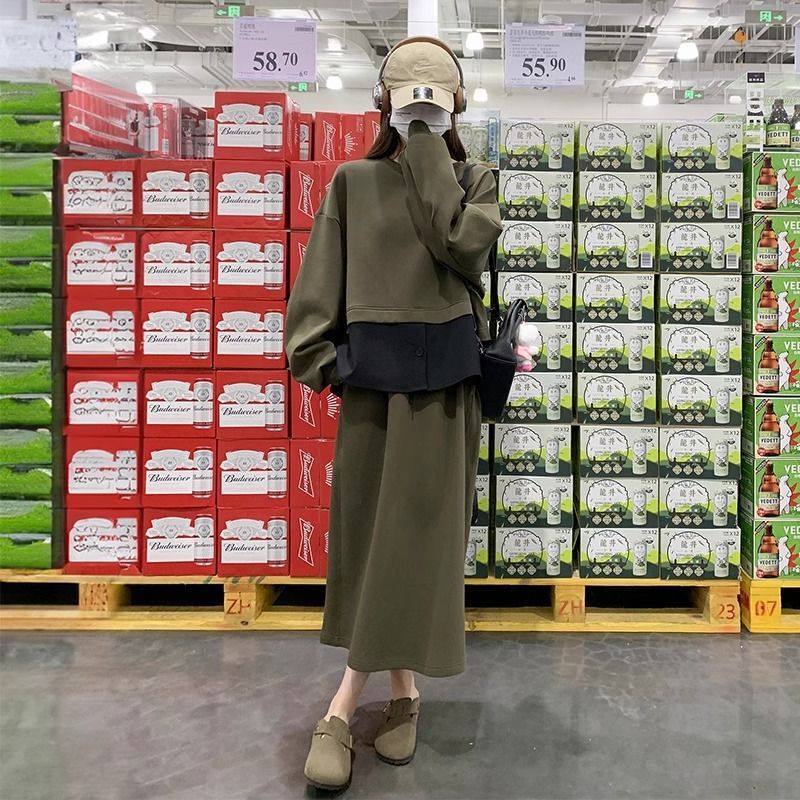 大码春秋季卫衣半身裙时尚套装大码女装新款休闲连衣裙假两件套|undefined