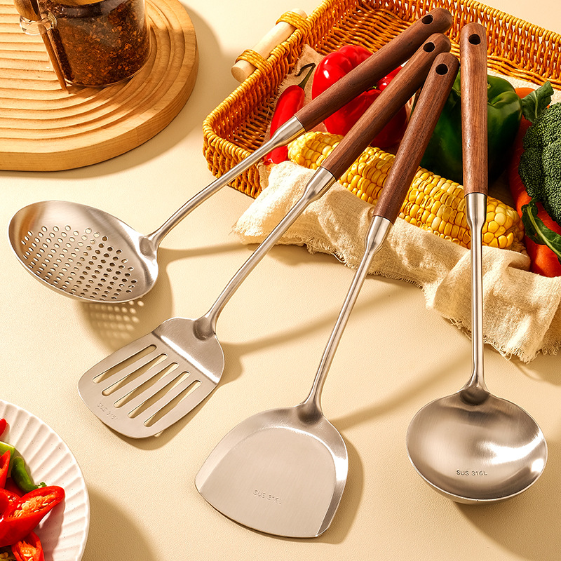 316不锈钢厨具套装加厚锅铲家用胡桃木柄防烫漏勺烹饪铲勺全套