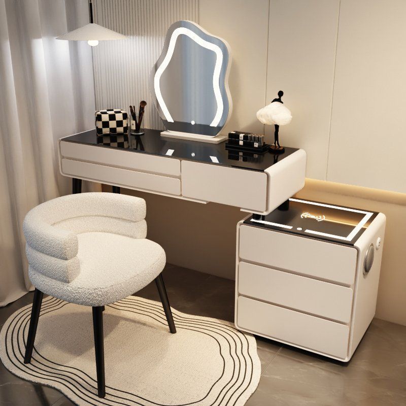 밀키 화이트 3단 서랍 스마트 모델 - 올 원목 120 테이블 + 캐비닛 + 구름거울 + 유아용 의자