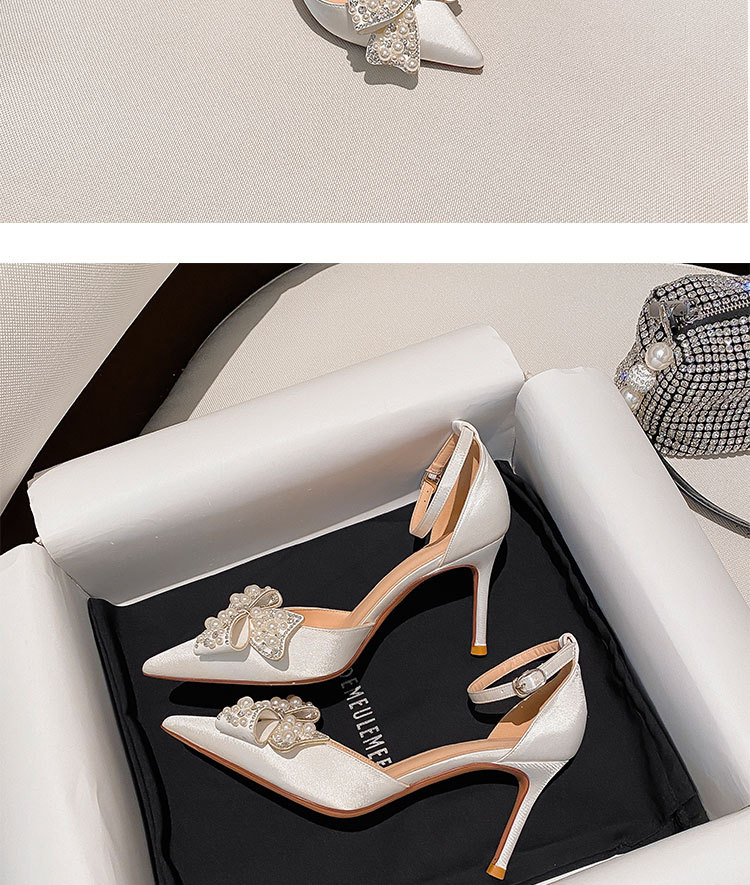 Z-52 Fiocco con diamanti Fata Bianco a punta alta Tacco sottile Singolo raso damigella d'onore Scarpe da sposa Sandali temperamento_voghion.com