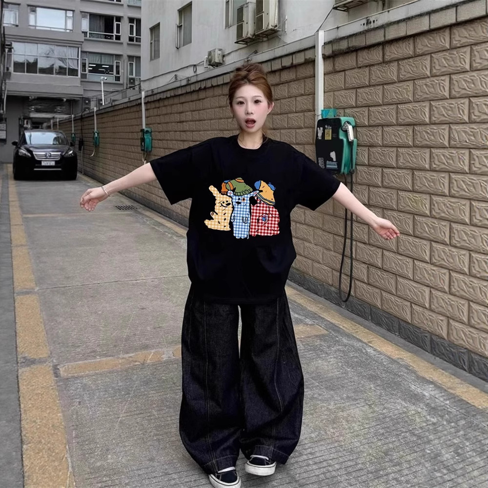 American Style Cotton Black Short-sleeved T-shirt Women's Summer New Design Sense Niche Loose plus size Half-sleeved chubby girl Top Trendy