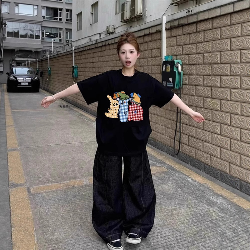 American Style Cotton Black Short-sleeved T-shirt Women's Summer New Design Sense Niche Loose plus size Half-sleeved chubby girl Top Trendy