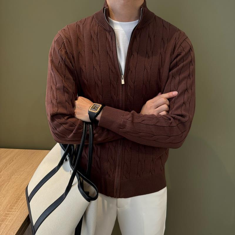Twist Texture Stand Collar Knitted Cardigan Men's 2025 Autumn and Winter New Slim Fit Pure Color Zipper Old Money Style Sweater Jacket Twist Texture Stand Collar Knitted Cardigan Men's 2025 Autumn and Winter New Slim Fit Pure Color Zipper Old Money Style Sweater Jacket