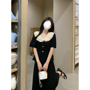 Real Shot Summer Pleated Lapel suit Women's Summer Retro Top High Waist A- line Skirt Western Style Two-piece Set