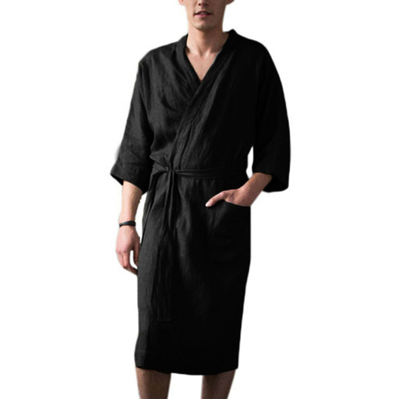 Amazon Cross-border Spring and Autumn European and American Men's Home Wear Comfortable Mid-length Sleeve Nightgown Collarless Warm Mid-sleeve