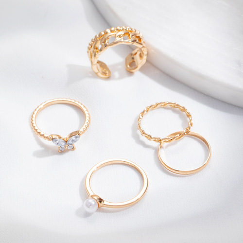 Cross-border ring set 5 pieces, Instagram blogger's butterfly pearl earrings, bohemian crystal rings