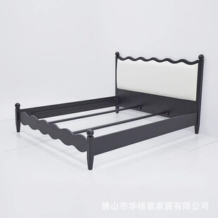 Medieval Style Ripple Fabric Bed Black Solid Wood Double Soft Bed Italian Minimalist Style Leather Bed Master Bedroom Wedding Bed Large Bed