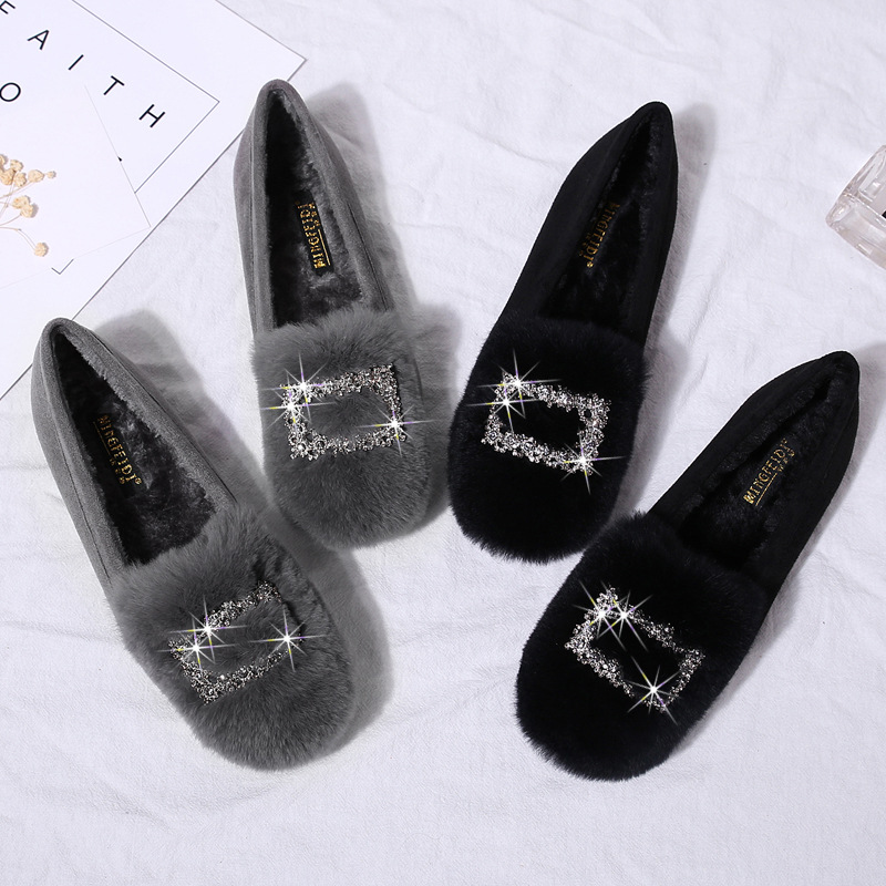 Mocasines de piel de conejo zapatos de felpa forrados de lana para mujer invierno 2023 nuevos zapatos de algodón cálido zapatos planos de mujer talla grande 41-43