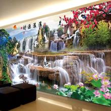 新款客厅山水画中国风流水生财风景布艺装饰画沙发背景墙贴自粘画