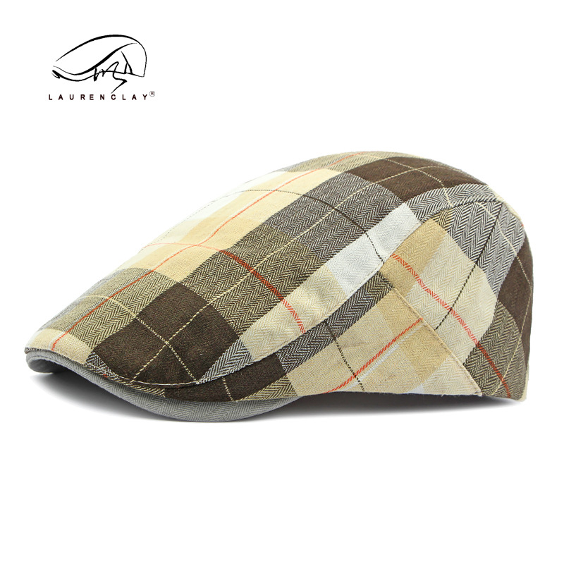 Boina de las mujeres de primavera y verano Delgado transpirable casquillo enarbolado de los hombres artístico retro Plaid sombrero delantero Plaid pintor sombrero