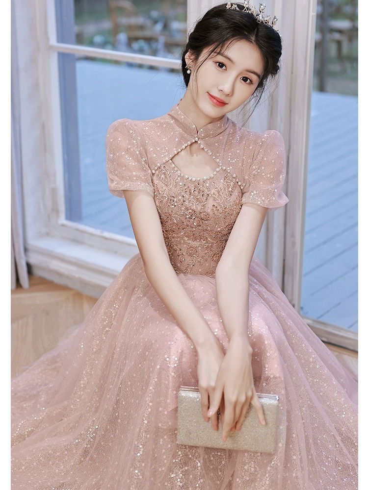 粉色旗袍晚礼服女轻奢小众高端艺考小个子主持敬酒服高级感订婚裙