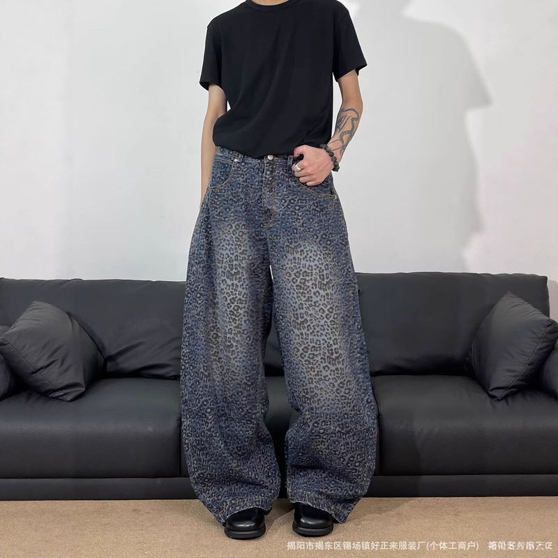 American Retro Leopard Print Scimitar Jeans Men's High Street Vibe Trendy Washed Distressed Silhouette Loose Wide-Leg Pants
