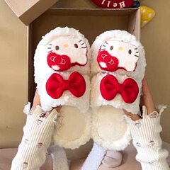 可爱卡通小猫咪毛毛拖鞋女2025秋冬季新款时尚百搭厚底一字棉拖鞋