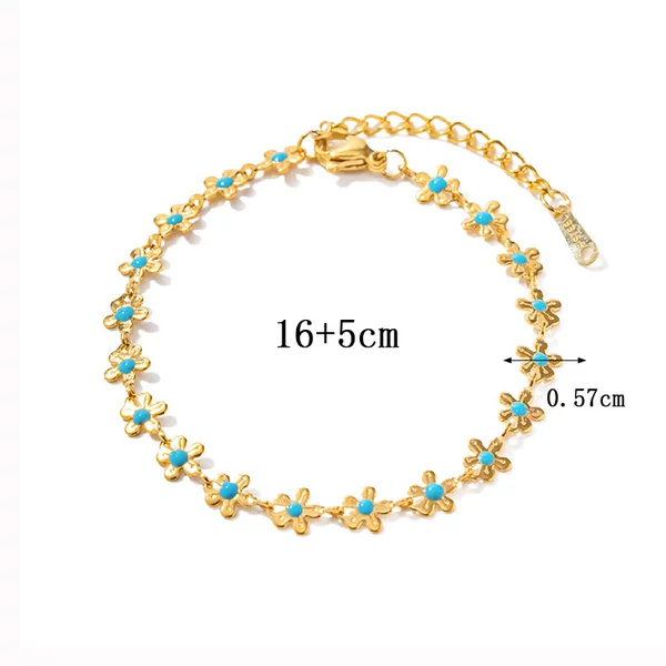 Ins European and American Style Unique Gold Flower Blue Oil Drop Necklace Titanium Steel Plated 18k True Gold Bracelet suit Accessories Pendant