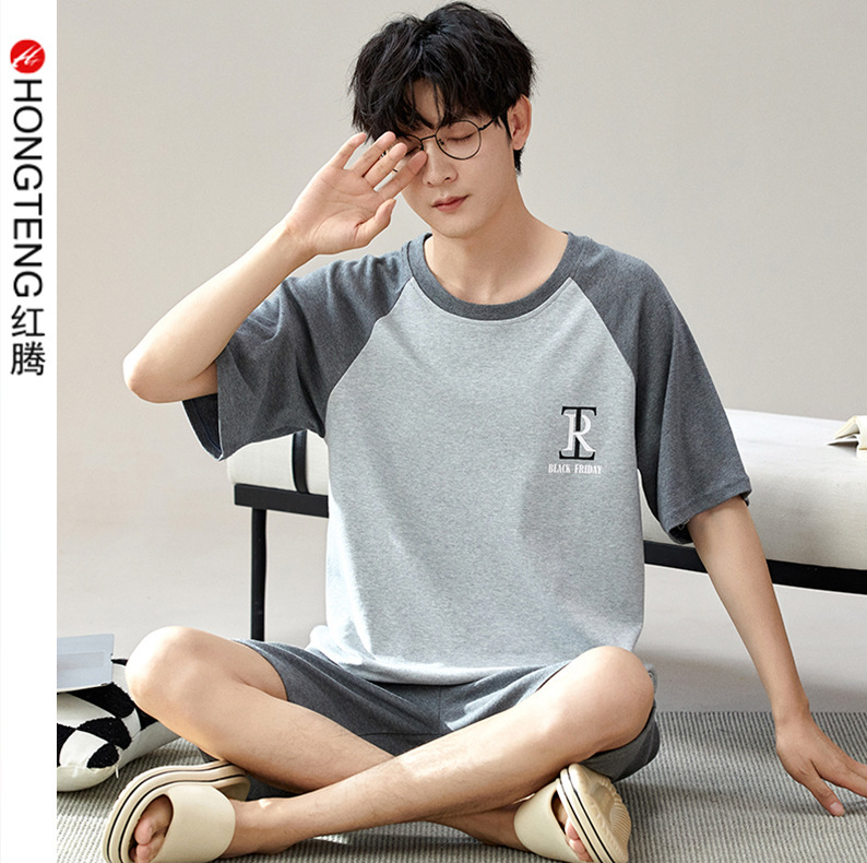 Men's cotton pajamas summer short-sleeved shorts casual simple outerwear home wear boys thin plus size suit