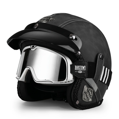 Motosiklet dəbilqələri | locomotive warm half helmet autumn - m-light-gray-black-and-white-striped-goggles-free-brim-face-towel
