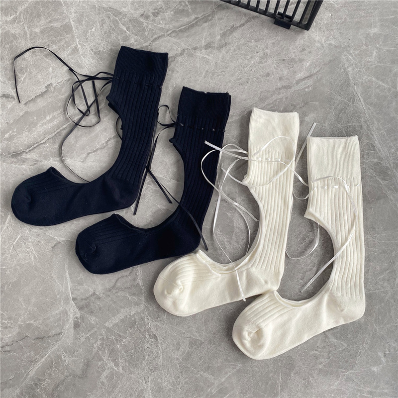 jk Spice Girls Cut Ribbon Women's Socks Sports Leisure Drawstring Street Fashion Brand Personalized High-rise Calf Black and White Cotton Socks