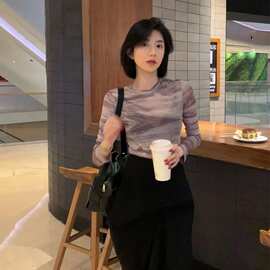 扎染恤女长袖辣妹夏季薄款网纱防晒衣罩衫薄纱夏上衣维纶