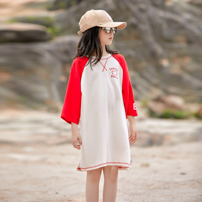 2024 primavera y verano ropa para niños nuevos vestido de camiseta casual para niñas 3/4 manga vestido de estilo coreano niños mayores padre-hijo