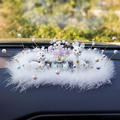 Car ornaments car decoration car cartoon cute - colorful-starry-pearl-feather-pad-diamond-couple-deer-white-colorful-purple-rose-starry-sky
