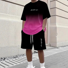クロスボーダー TEMU 夏グラデーションレター 3D デジタルプリント Tシャツショーツスーツメンズトレンドパターンツーピース