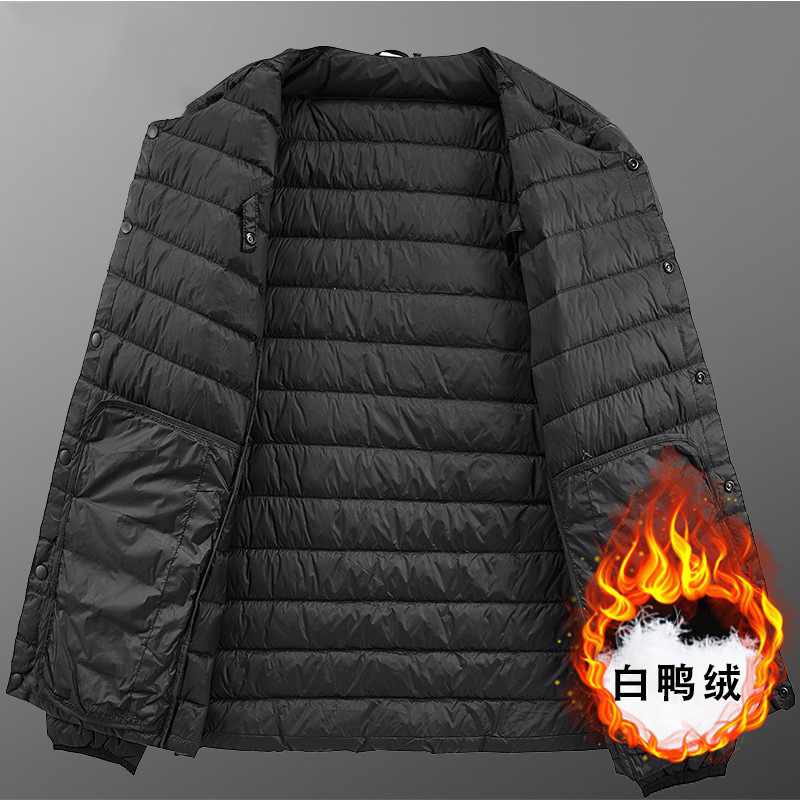 Chaqueta de plumón ligera transfronteriza para hombres y mujeres de otoño y invierno, chaqueta de abrigo caliente sin cuello, revestimiento de plumón ligero inferior se puede abrir