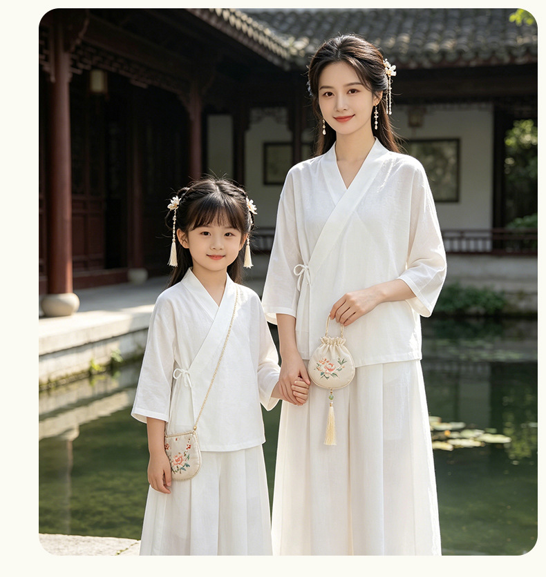 Váy mẹ con Hán phục cải tiến tay lỡ mùa hè chất liệu lanh pha sợi Lyocell phong cách Tân Trung Quốc — Màu hồng - Váy chi tiết 13