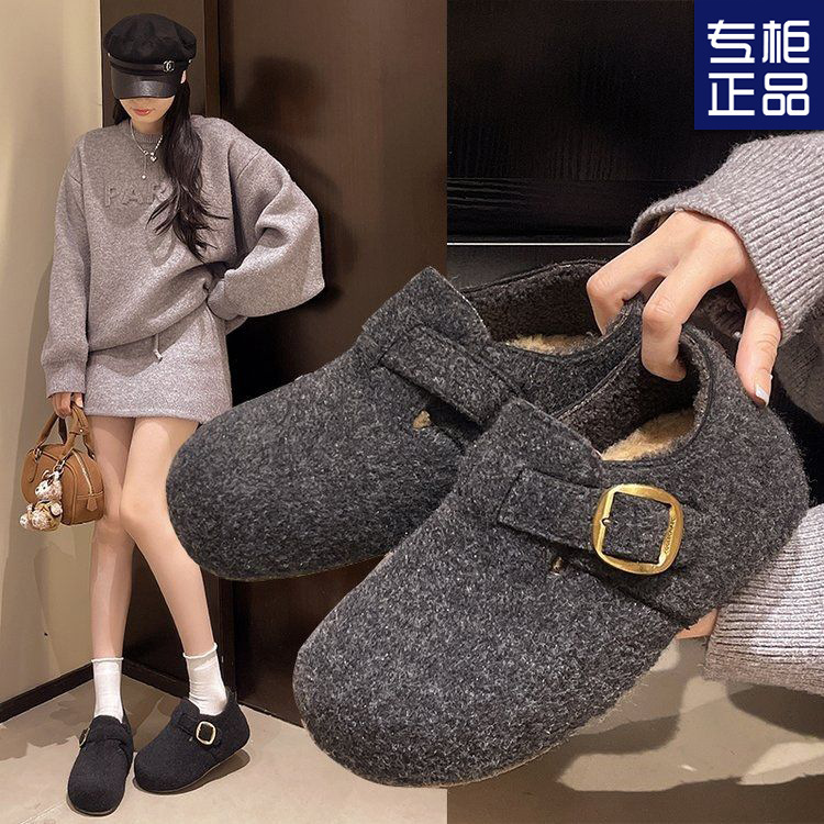 Retro Round-Toe Felt Fleece-Lined Birkenstock Shoes for Women Fleece-Lined Autumn and Winter Slip-On Warm Cotton Scoop Shoes Woolen Loafers