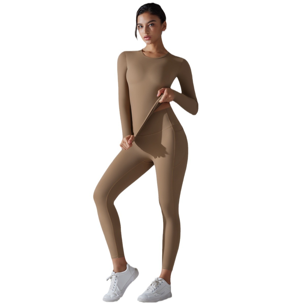 Nuevo color sólido de dos lados abrasivos transpirables de alta elasticidad ajustada manga larga yoga conjunto de ejercicio ejercicio ejercicio dos piezas conjunto